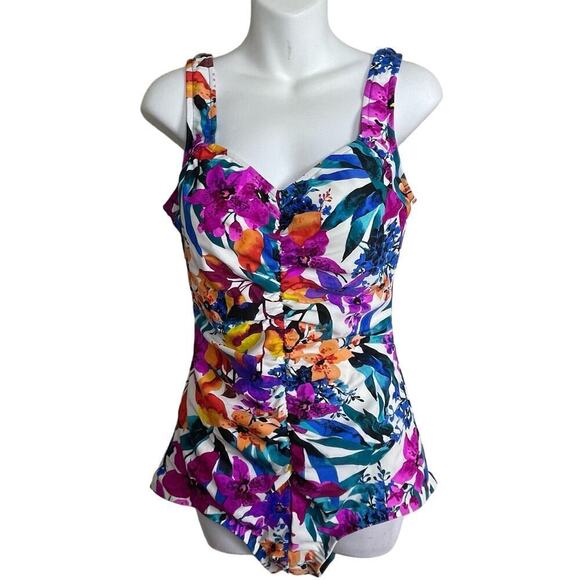 Maxine of Hollywood One Piece Swimsuit Size 14 Ruched Modest Retro Colorful - Picture 1 of 9